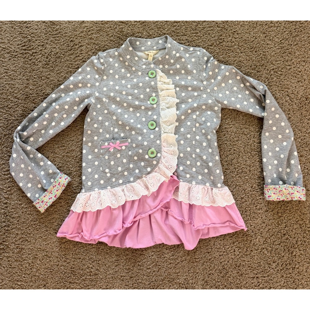 Matilda Jane Polka Dot Ruffle Cardigan Jacket Grey Pink Girls Size 14 23105T